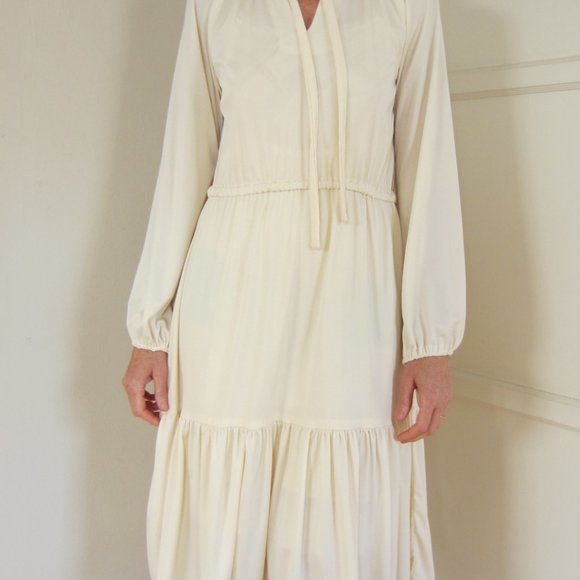 Vintage Cream Ivory Long Sleeve Dress Pintuck Polyester 1970s Medium - Picture 2 of 11